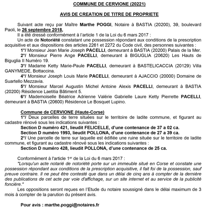 Avis de création de titre de propriété - commune de Belgodère (Haute-Corse)