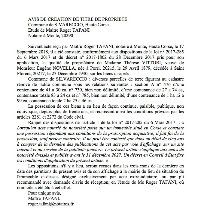 Avis de création de titre de propriété - commune de Sivareccio (Haute-Corse)