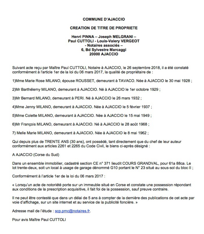 Avis de création de titre de propriété - commune d'Ajaccio (Corse du Sud)