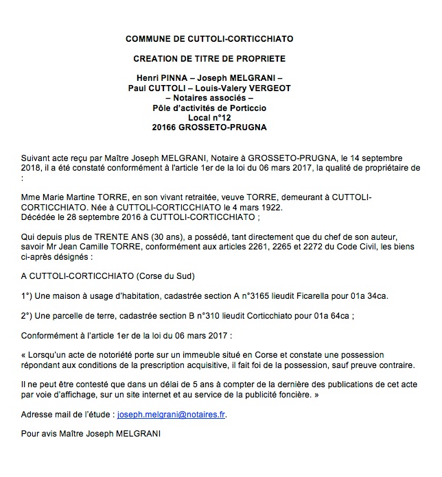 Avis de création de titre de propriété - commune de Cuttoli-Corticchiato (Corse du Sud) Avis de création de titre de propriété - commune de Cuttoli-Corticchiato (Corse du Sud)