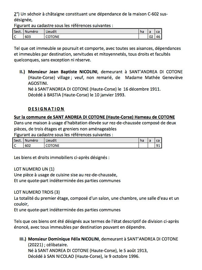 Avis de création de titre de propriété - commune de Sant Andrean di Cotone (Haute-Corse)