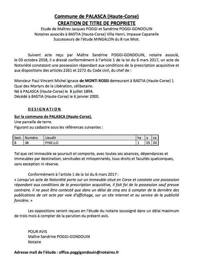 Avis de création de titre de propriété - commune de Palasca (Haute-Corse)