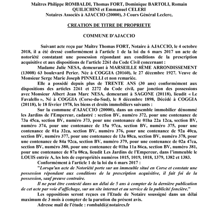 Avis de création de titre de propriété - commune d'Ajaccio (Corse du Sud)