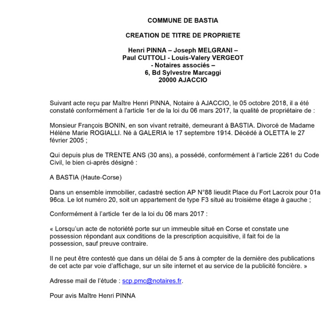 Avis de création de titre de propriété - commune de Bastia (Haute-Corse)