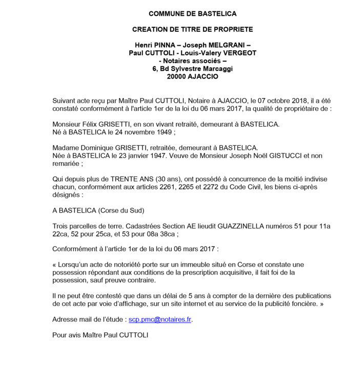 Avis de création de titre de propriété - commune de Bastelica (Corse du Sud)