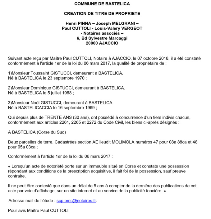 Avis de création de titre de propriété - commune de Bastelica (Corse du Sud) Avis de création de titre de propriété - commune de Bastelica (Corse du Sud)