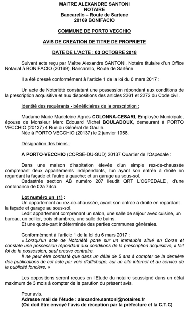 Avis de création de titre de propriété - commune de Porto Vecchio (Corse du Sud) Avis de création de titre de propriété - commune de Porto Vecchio (Corse du Sud)