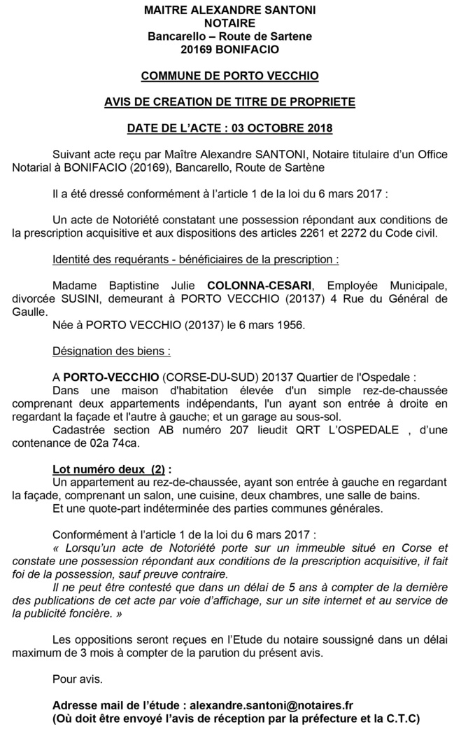 Avis de création de titre de propriété - commune de Porto Vecchio (Corse du Sud)