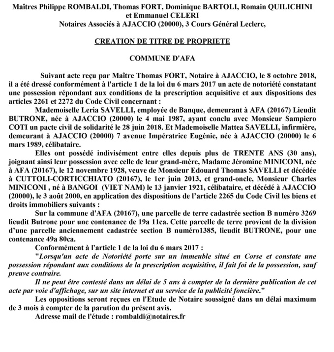 Avis de création de titre de propriété - commune d'Afa (Corse du Sud)