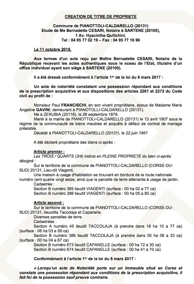 Avis de création de titre de propriété - commune de Pianottoli-Calderello (Corse du Sud)