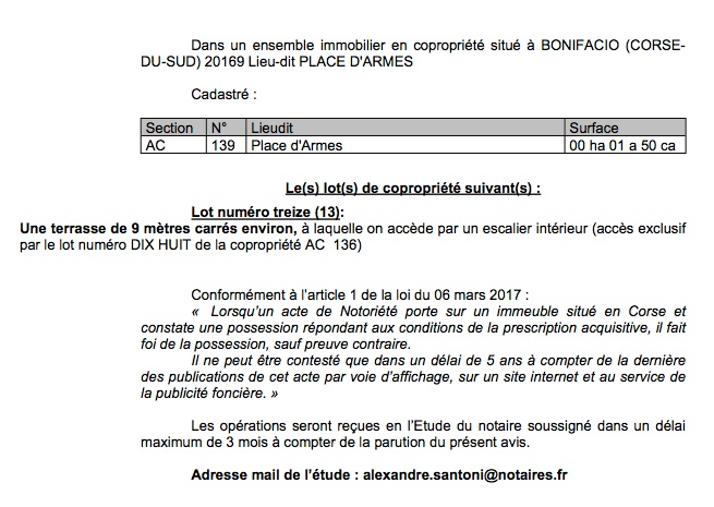 Avis de création de titre de propriété - commune de Bonifacio (Corse du Sud)