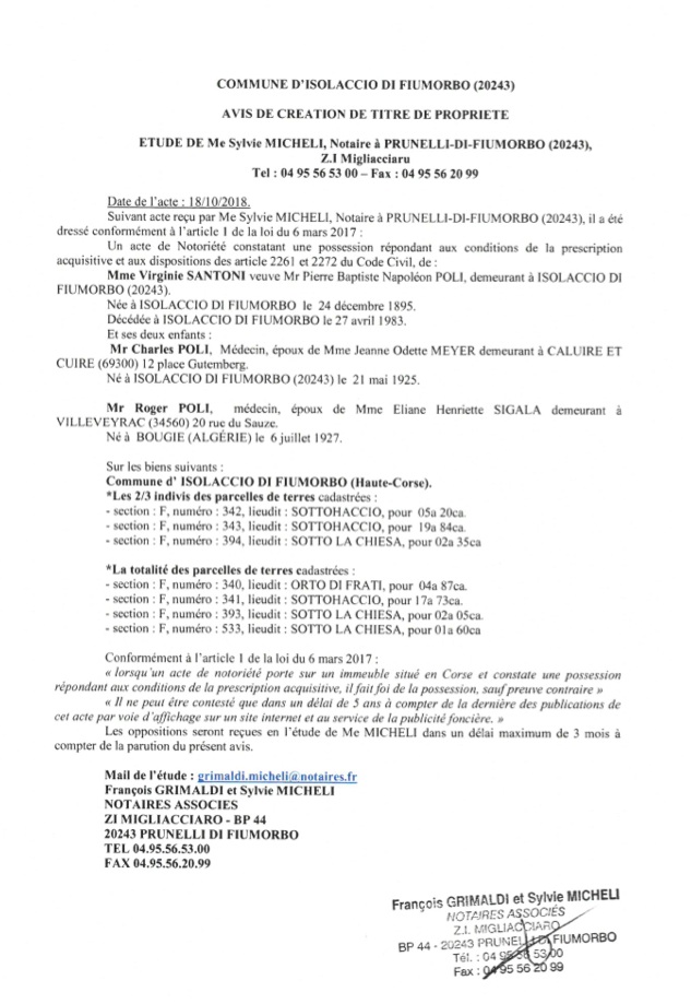 Avis de création de titre de propriété - commune d'Isulaccio di Fiumorbu (Haute-Corse)