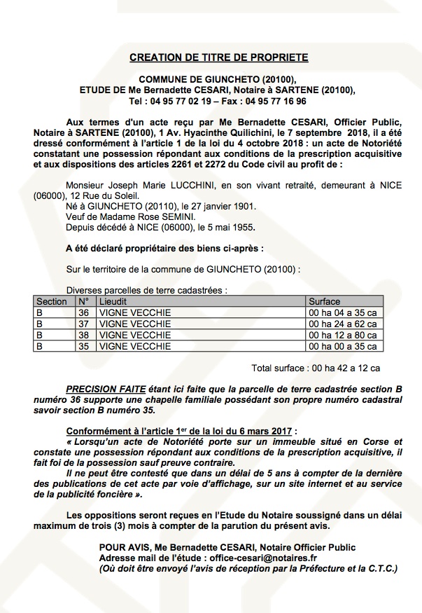 Avis de création de titre de propriété - commune de Giuncheto (Corse du Sud)