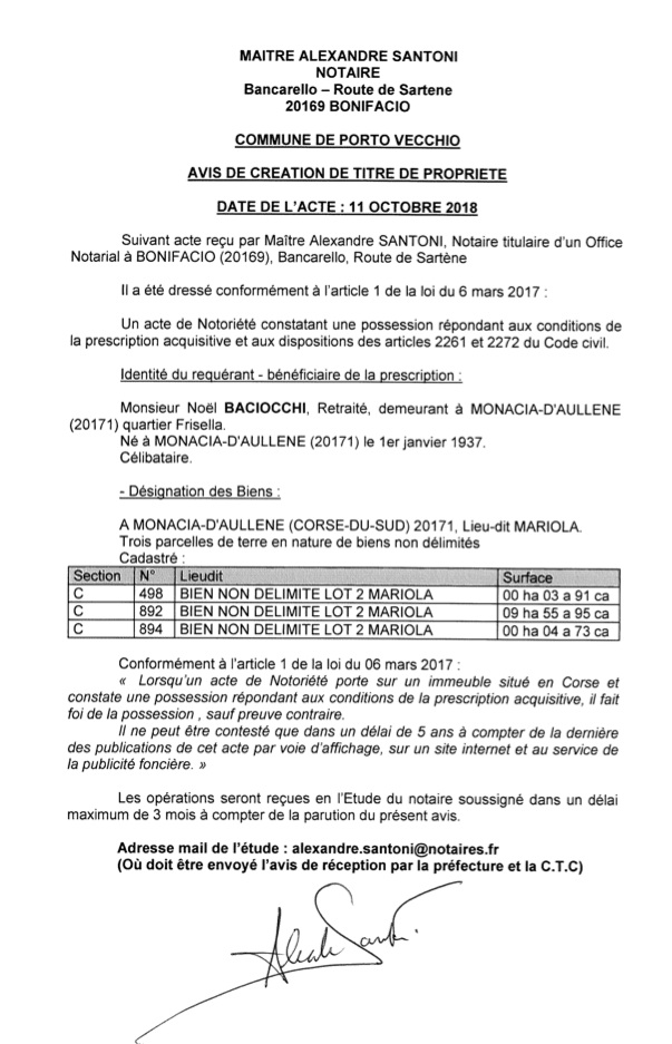 Avis de création de titre de propriété - commune de Porto Vecchio (Corse du Sud)