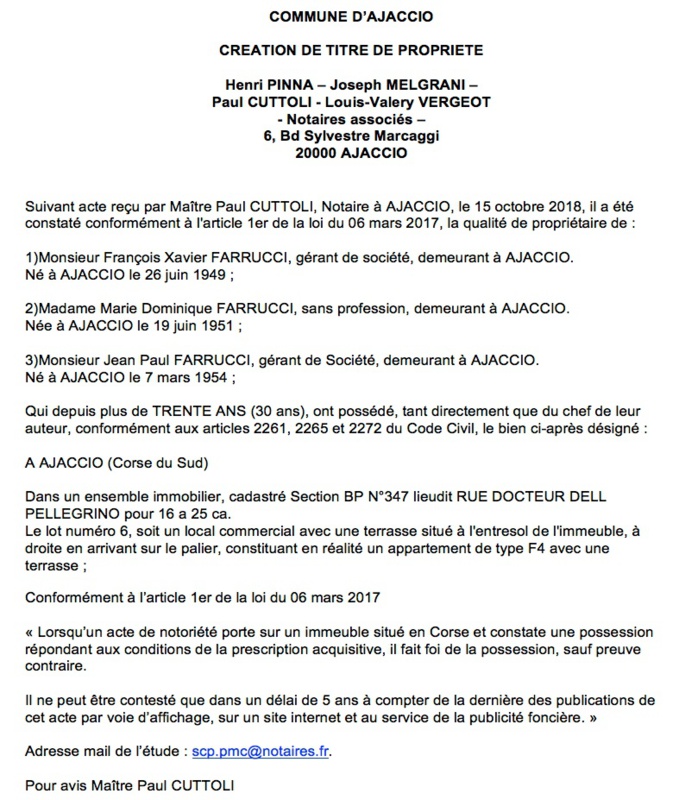 Avis de création de titre de propriété - commune d'Ajaccio (Corse du Sud)