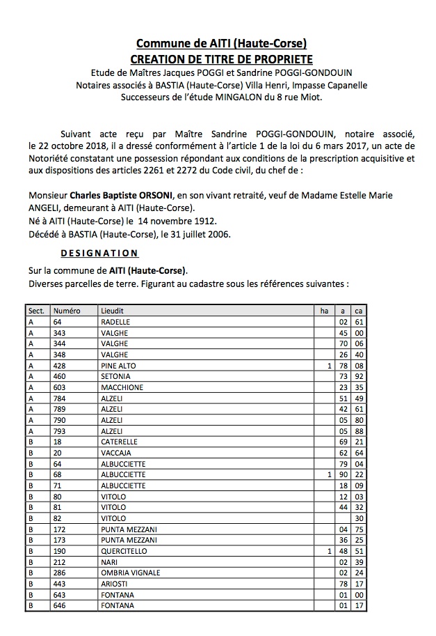 Avis de création de titre de propriété - commune de Aiti (Haute-Corse) Avis de création de titre de propriété - commune de Aiti (Haute-Corse)