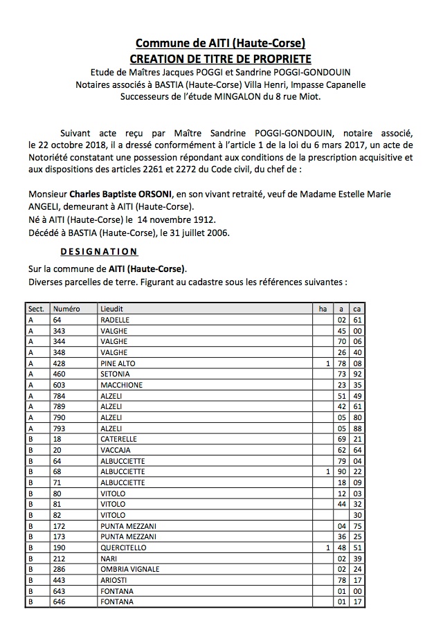 Avis de création de titre de propriété - commune de Aiti (Haute-Corse)