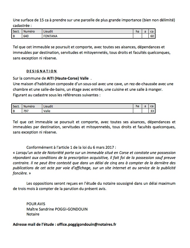 Avis de création de titre de propriété - commune de Aiti (Haute-Corse)