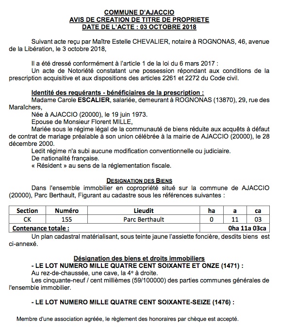 Avis de création de titre de propriété - commune d'Ajaccio (Corse du Sud)