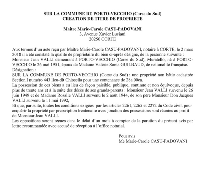 Avis de création de titre de propriété - commune de Porto Vecchio (Corse du Sud)