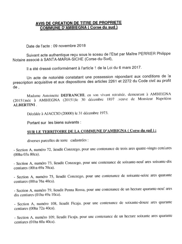 Avis de création de titre de propriété - commune d'Ambiegna (Corse du Sud)