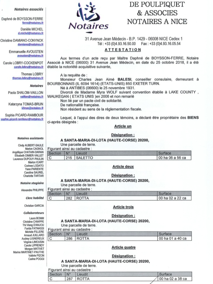 Avis de création de titre de propriété - commune de Santa Maria di Lota (Haute-Corse)