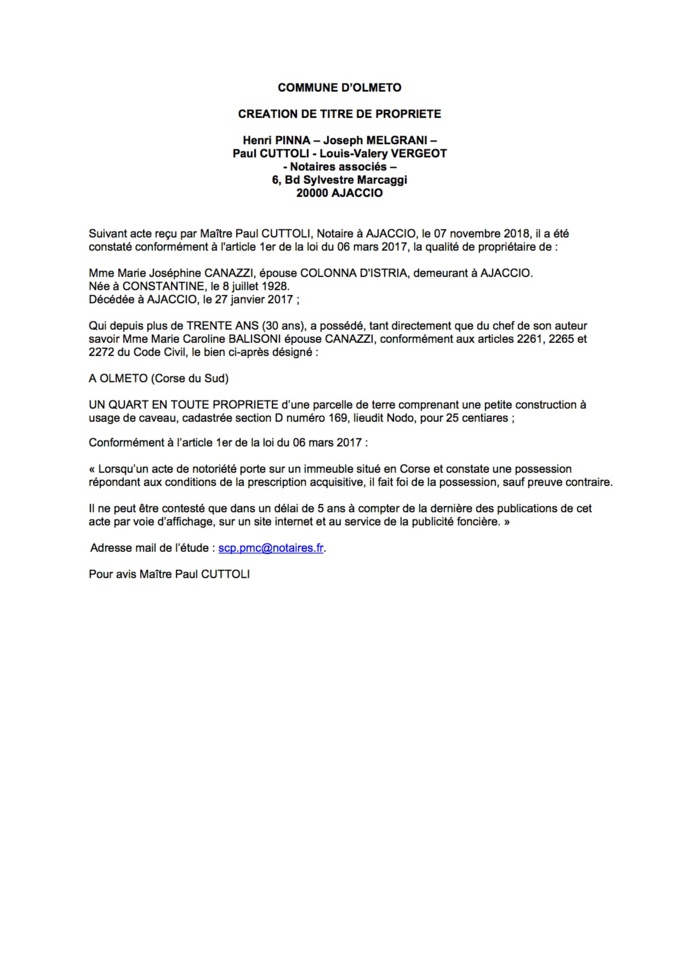 Avis de création de titre de propriété - commune d'Olmeto (Corse du Sud) Avis de création de titre de propriété - commune d'Olmeto (Corse du Sud)