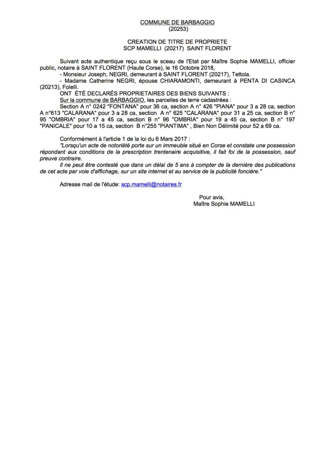 Avis de création de titre de propriété - commune de Barbaggio (Haute-Corse)