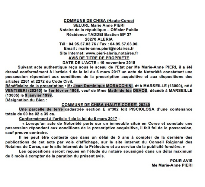 Avis de création de titre de propriété - commune de Chisa (Haute-Corse)