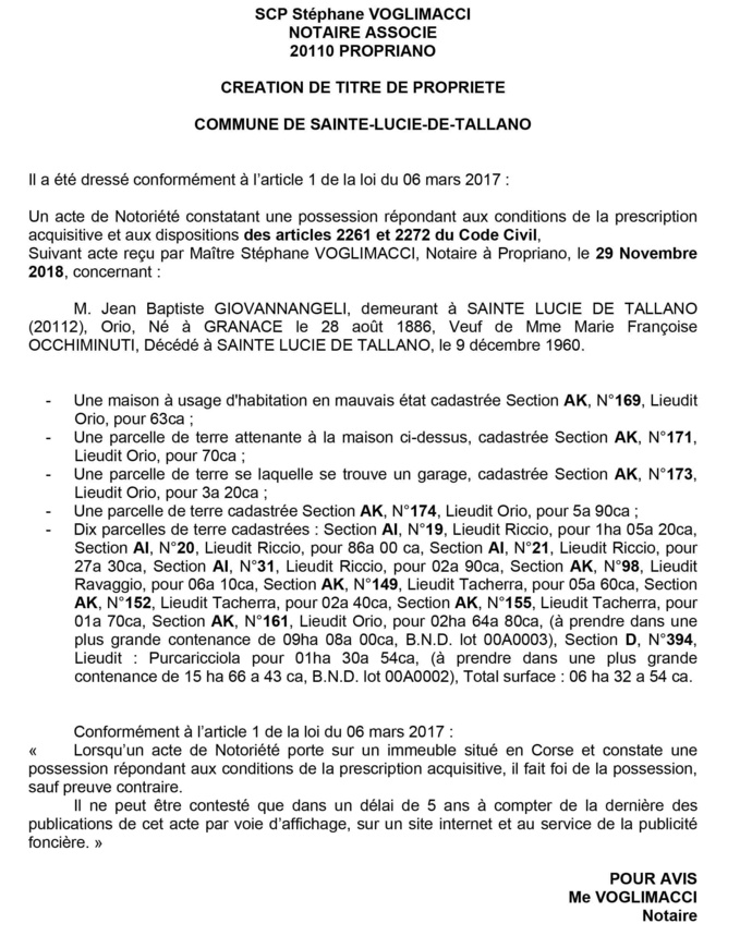 Avis de création de titre de propriété - commune de Sainte Lucie de Tallano (Corse du Sud) Avis de création de titre de propriété - commune de Sainte Lucie de Tallano (Corse du Sud)