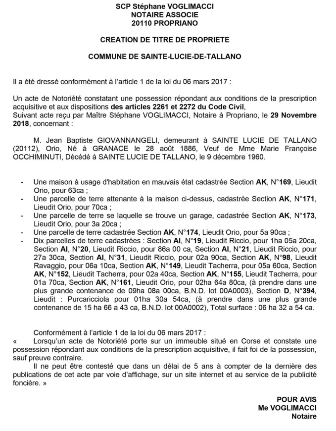 Avis de création de titre de propriété - commune de Sainte Lucie de Tallano (Corse du Sud)
