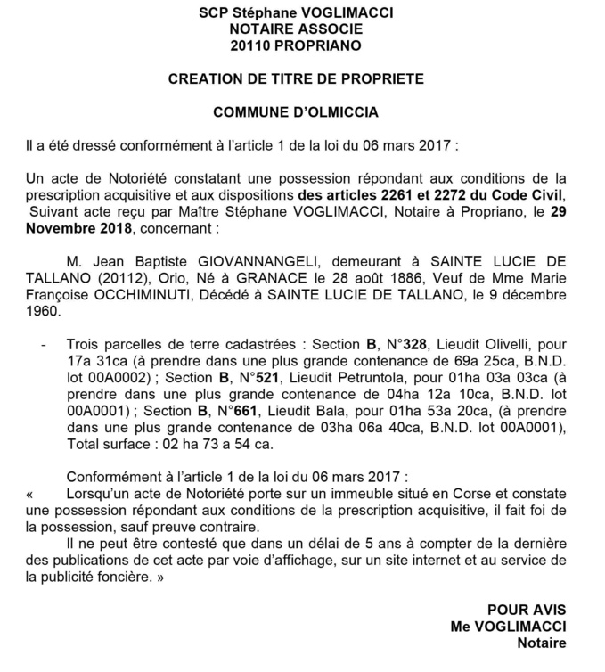 Avis de création de titre de propriété - commune d'Olmiccia (Corse du Sud)