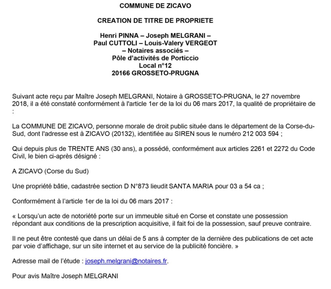 Avis de création de titre de propriété - commune de Zicavo (Corse du Sud) Avis de création de titre de propriété - commune de Zicavo (Corse du Sud)