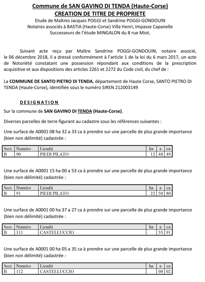 Avis de création de titre de propriété - commune de San Gavino di Tenda (Haute-Corse)