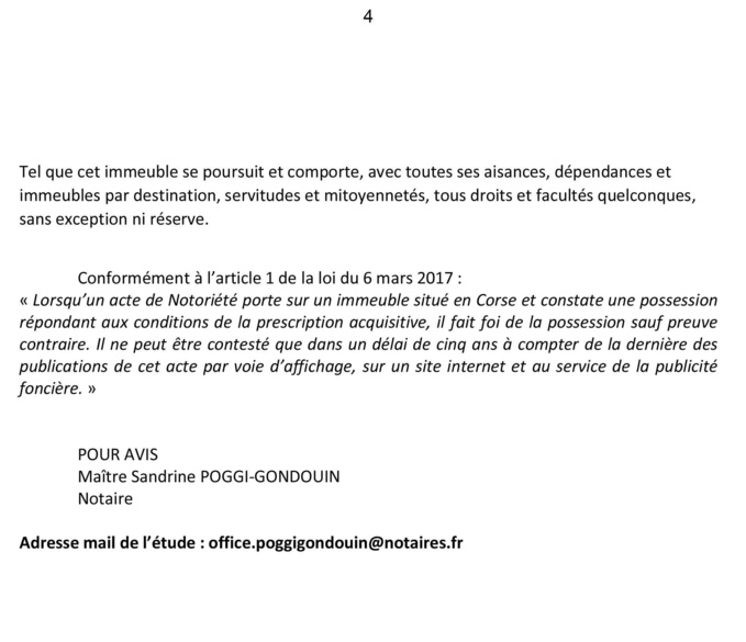 Avis de création de titre de propriété - commune de San Gavino di Tenda (Haute-Corse)