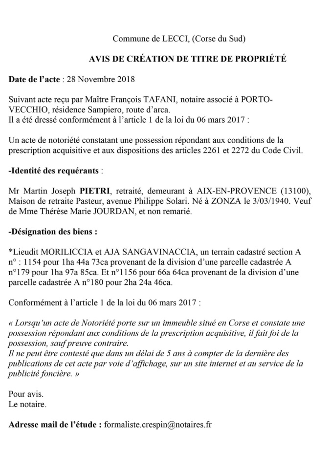 Avis de création de titre de propriété - commune de Lecci (Corse du Sud)