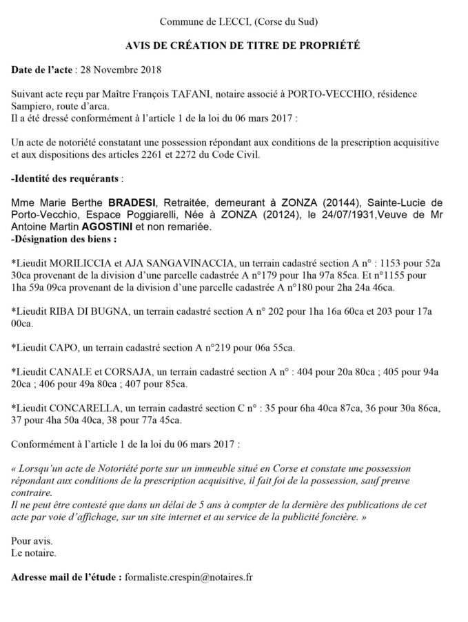 Avis de création de titre de propriété - commune de Lecci (Corse du Sud)