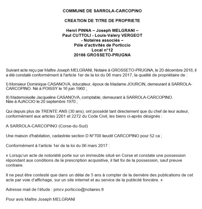 Avis de création de titre de propriété - commune de Sarrola-Carcopino (Corse-du-Sud)