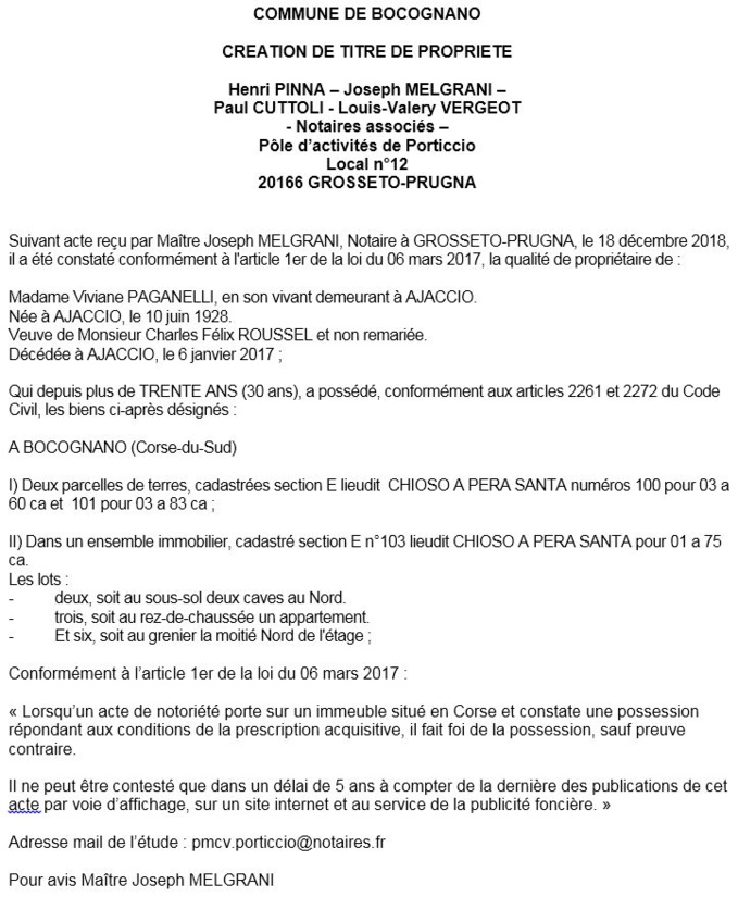Avis de création de titre de propriété - commune de Bucugnà (Corse-du-Sud)