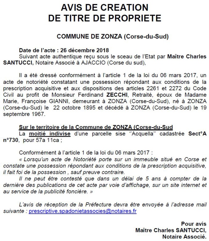 Avis de création de titre de propriété - commune de Zonza (Corse-du-Sud)