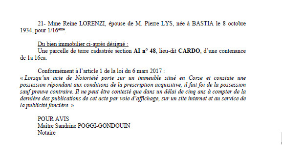 Avis de création de titre de propriété commune de Bastia (Haute-Corse)