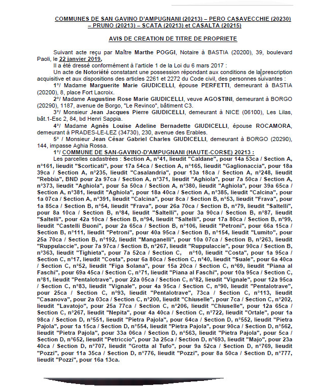 Avis de création de titre de propriété - communes de Pero Casavecchie, de Pruno, de Scata et de Casalta (Haute-Corse)
