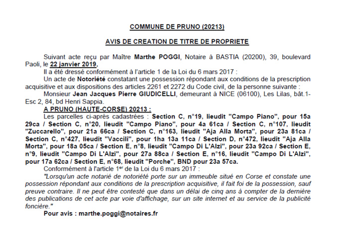 Avis de création de titre de propriété - commune de Pruno (Haute-Corse)