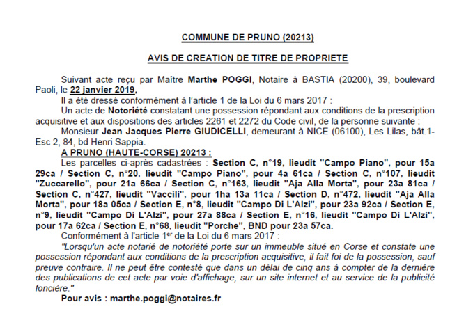 Avis de création de titre de propriété - commune de Pruno (Haute-Corse) Avis de création de titre de propriété - commune de Pruno (Haute-Corse)