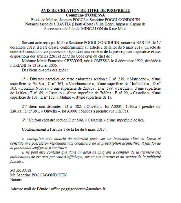 Avis de création de titre de propriété - commune d'Omessa (Haute-Corse) Avis de création de titre de propriété - commune d'Omessa (Haute-Corse)