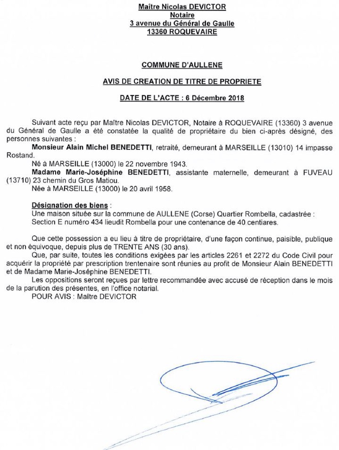 Avis de création de titre de propriété - commune d'Aullene Avis de création de titre de propriété - commune d'Aullene