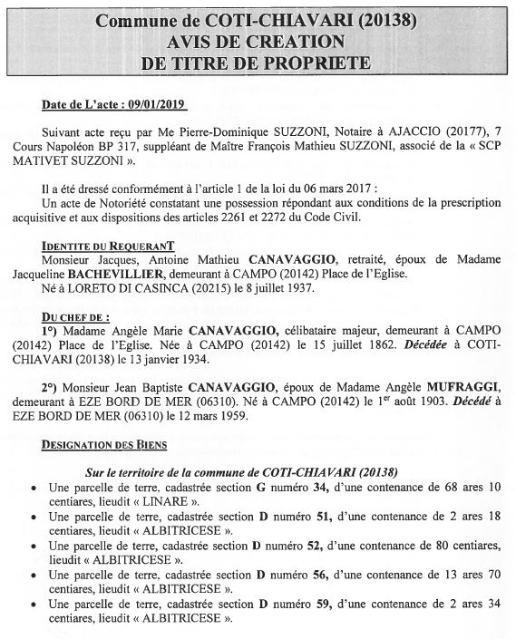 Avis de création de titre de propriété - commune de Coti-Chiavari
