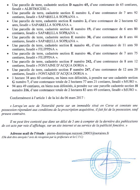 Avis de création de titre de propriété - commune de Coti-Chiavari