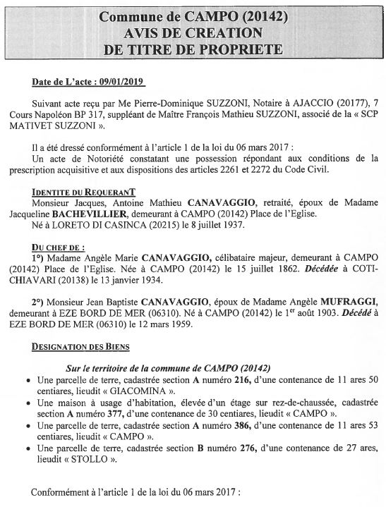 Avis de création de titre de propriété - commune de Campo