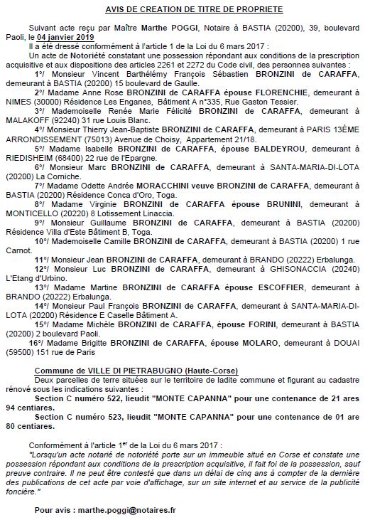 Avis de création de titre de propriété - commune de Ville di Pietrabugno